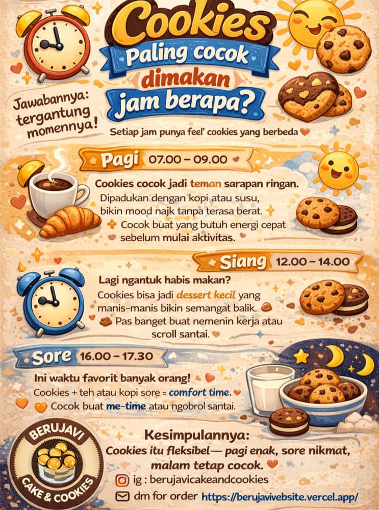 Siapa nih yang sering nanya ke mimin, cookies paling enak dimakan jam berapa? 🍪⏰
Jawabannya: tergantung momennya~ ✨
Pagi buat boost energi ☀️
Siang buat lawan ngantuk habis makan 😴
Sore? Ini favorit banyak orang—comfort time sambil teh atau kopi 🍵☕
Karena menurut mimin, cookies itu fleksibel.
Dimakan pagi enak, sore nikmat, malam pun tetap cocok 🤎
Kalau kamu, tim cookies jam berapa?
Drop di kolom komentar yaa~ 👇✨
#CookiesTime #CookiesLover #BerujaviCakeAndCookies #NgemilManis #ComfortSnack #CookiesMoment #MiminNgomong 🍪🤍