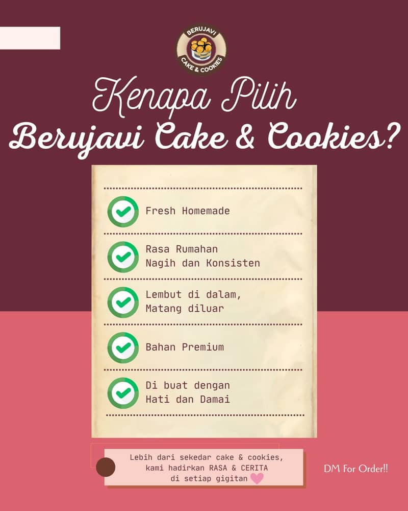 Lebih dari sekadar cake & cookies 🍰🍪
setiap produk kami dibuat untuk menghadirkan
rasa hangat, tenang, dan nyaman seperti di rumah 🤎🏡
Dari adonan pertama hingga siap dinikmati
semuanya dibuat dengan penuh perhatian
bahan pilihan dan proses yang tidak tergesa
karena kami percaya, rasa terbaik
lahir dari kesabaran dan ketulusan 💫
Biarkan setiap gigitan bercerita dan setiap momen terasa lebih bermakna 💕
📩 DM for order
#BerujaviCakeCookies #HomemadeBakes
#CozyHomey #CookiesRumahan
#SweetMoment #NgopiSore #cemilanmanis